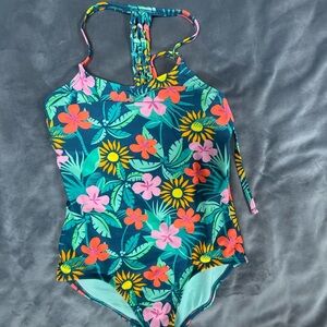art class Teal Floral One-Piece Swimsuit with Pink & Orange Flowers